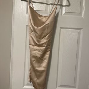 Champagne Satin Cowl Neck Cross Strap Shift Dress